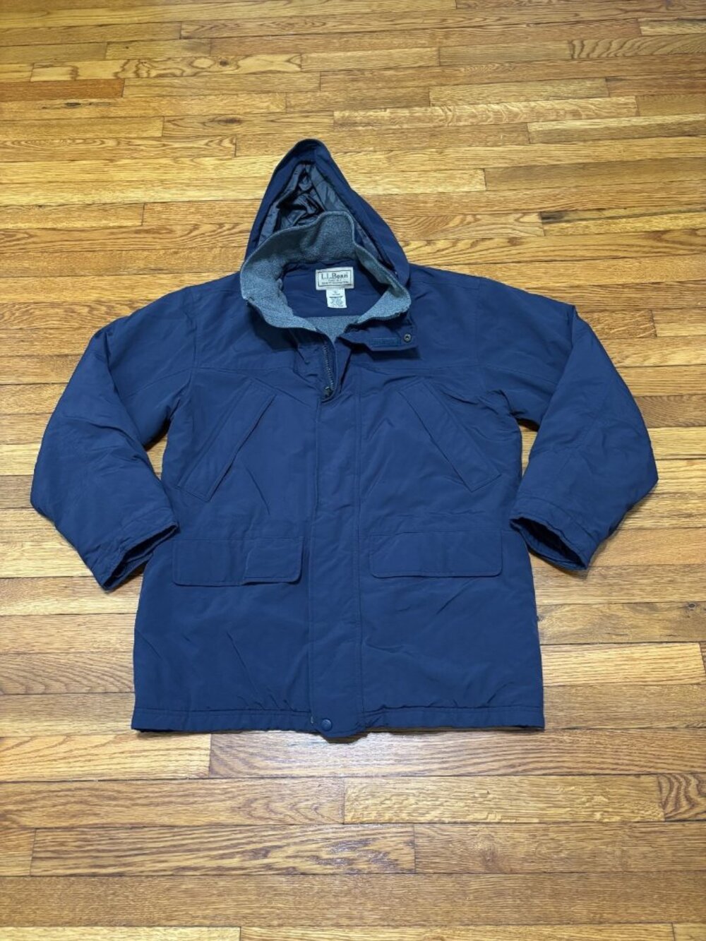 LL Bean Mens Field Jacket Size Medium Navy Blue Fleece Lined Hooded Insulated